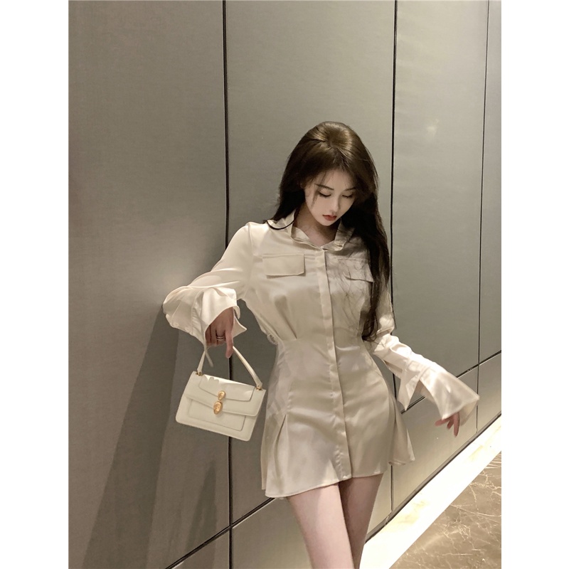 midi dress korea satin shirt dress lengan panjang putih rok pendek A-line