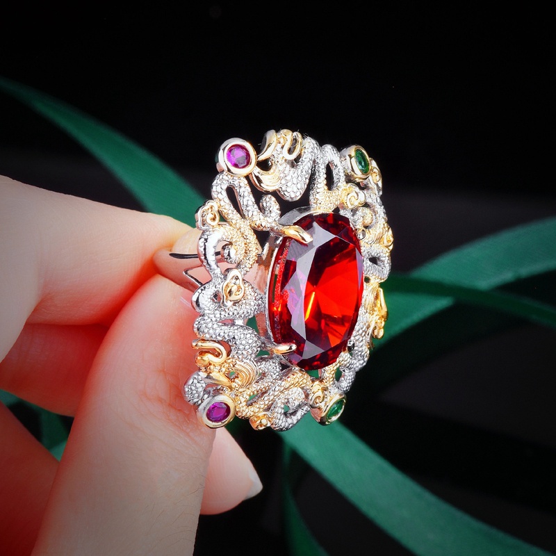 Cincin Geometris Bentuk Oval Kubik Zirkonia Warna Merah Gaya Vintage Klasik Untuk Wanita