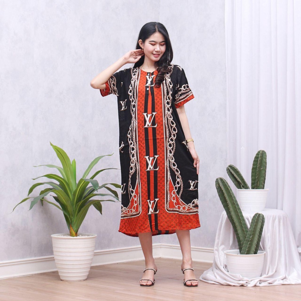 Daster Batik Lengan Pendek - Motif Daun - Leher Kancing (DPT001-133) Batik Prass-PHARSA ORANGE