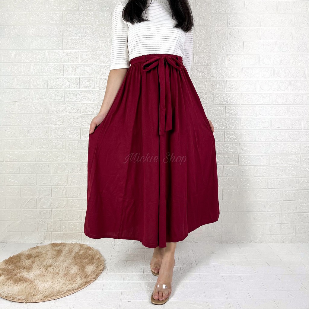 Rok Lebar Polos Payung Premium Import | Maxi Big Size | Flare Skirt Panjang |Mayung Basic Tali Jumbo-Maroon Rok Tali
