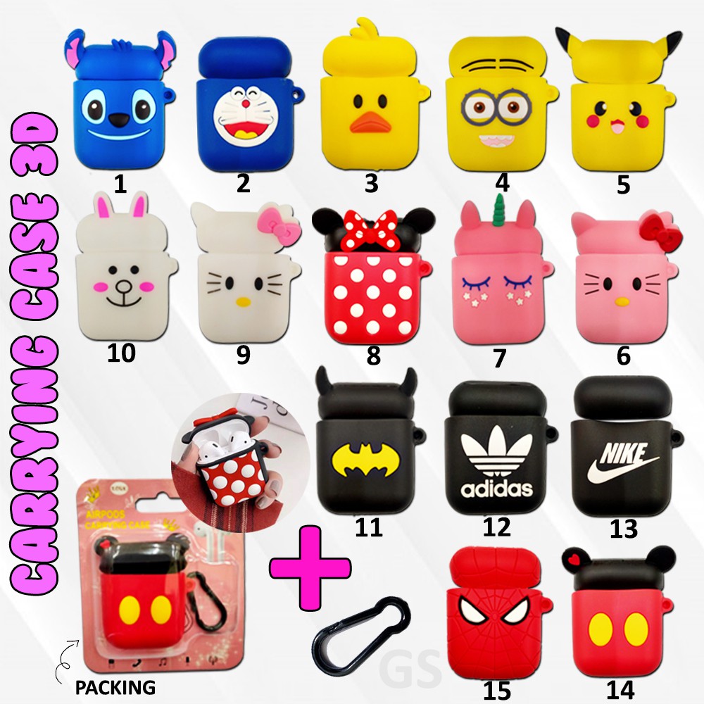 Carrying case/ casing airpods gambar 3D, airpod 1/2 + packing Cute airpods protective cover