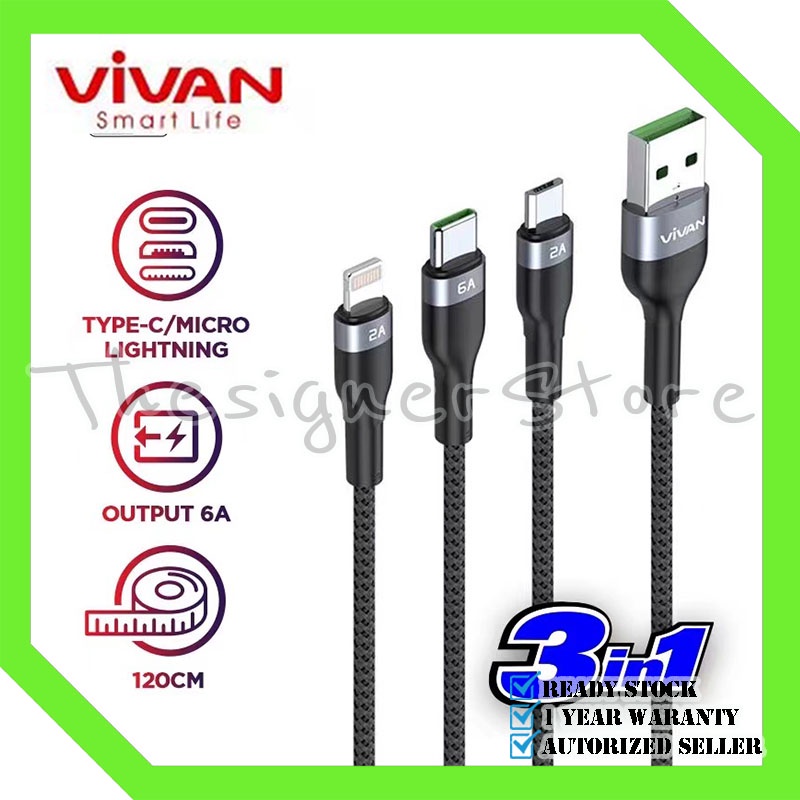 Kabel Data VIVAN VYT120 Fast Charging 3 in 1 6A Micro USB Lightning Type C - Garansi Resmi 1 Tahun