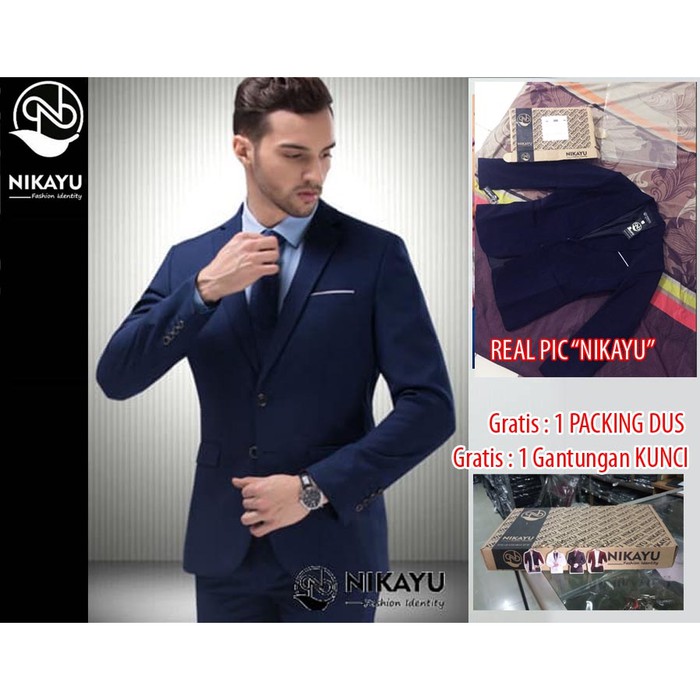 NEW BLAZER MODRIC NAVY WHITE LIST SLIMFIT SEMI FORMAL HIGH TWIST ORIGINAL NIKAYU KANCING 2 PCS