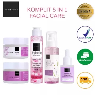 Paket Scarlett Whitening Paket Komplit Set 5 In 1 Facial Care / Acne Day Cream + Acne Night Cream + 