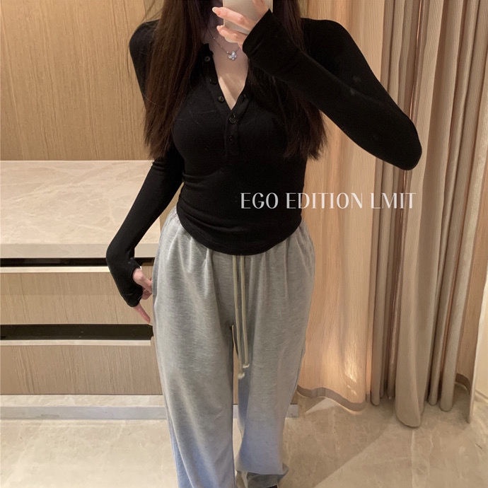 #Sisjuly# kaos kancing setengah terbuka wanita yang melar kemeja bottoming jari