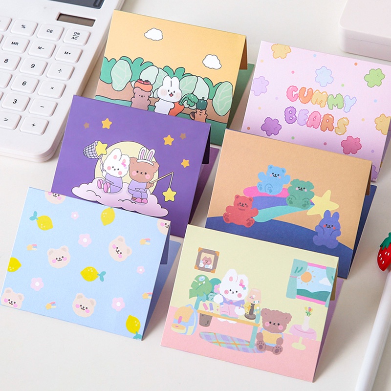 6 Pcs Cartoon Bear&amp;Bunny Series Greeting Cards Foldable Holiday Wishes Envelope Card Set