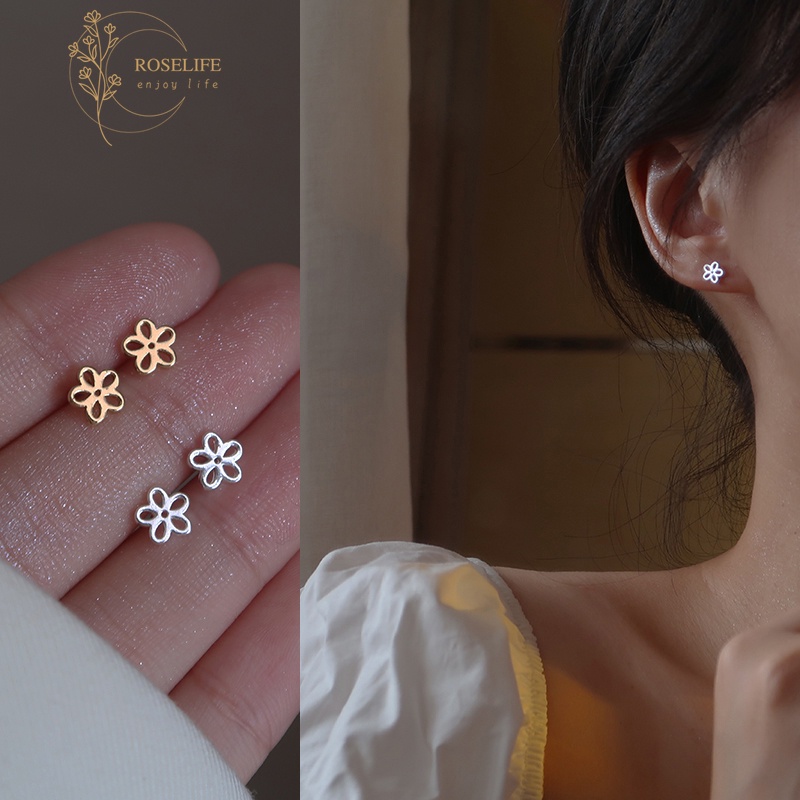 Roselife 1 Pasang Anting Tusuk Sterling Silver 925 Desain Bunga Hollow Untuk Wanita