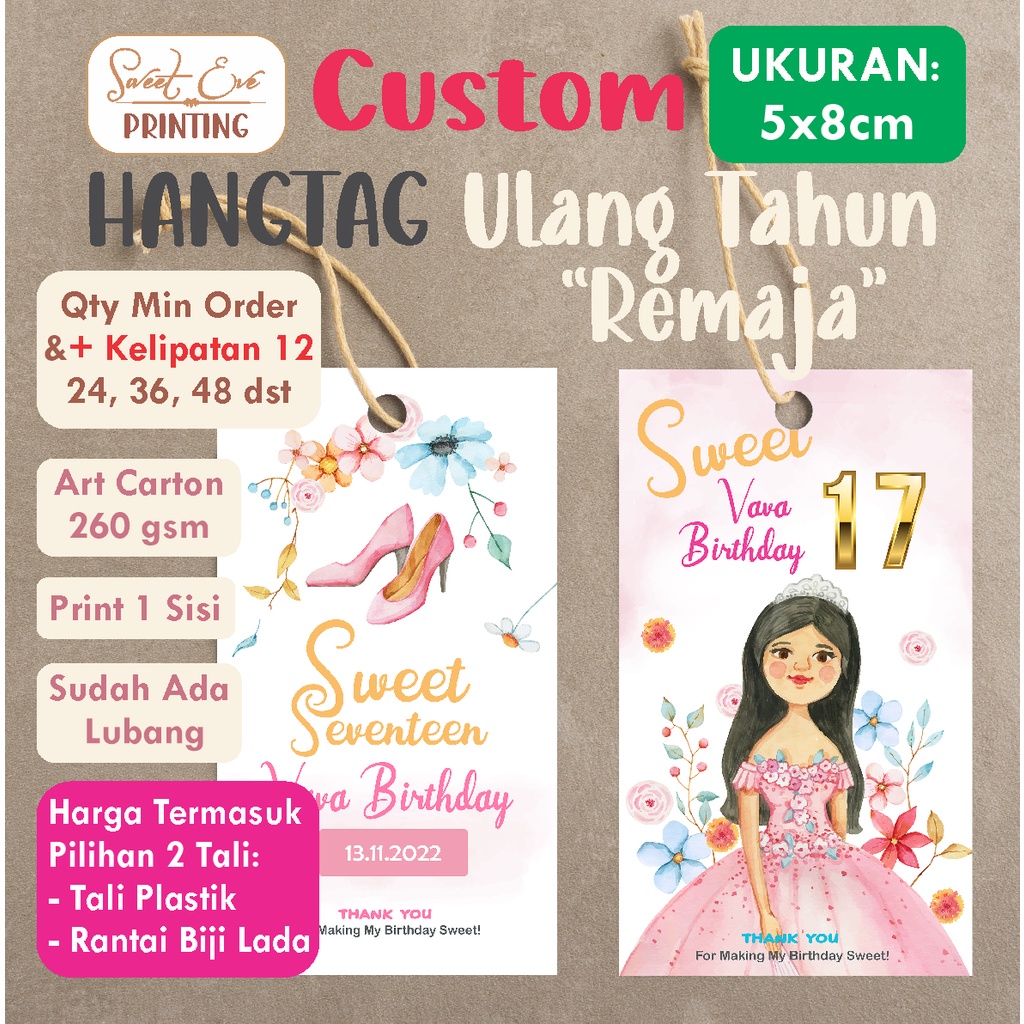 HANG TAG ULANG TAHUN REMAJA SWEET SEVENTEEN UNTUK HAMPERS (HARGA SUDAH TERMASUK TALI) Ukuran 5X8cm