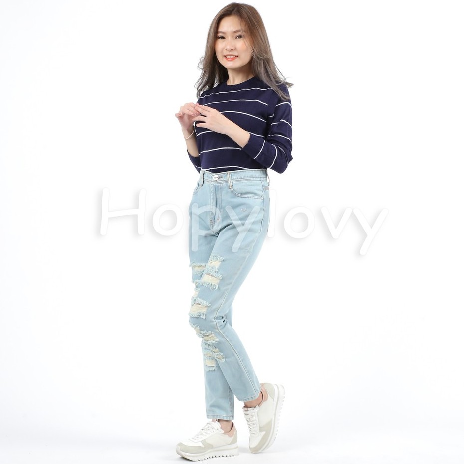 HOPYLOVY - Celana Boyfriend Jeans Wanita Aplikasi Ripped / Sobek Tembus Glen