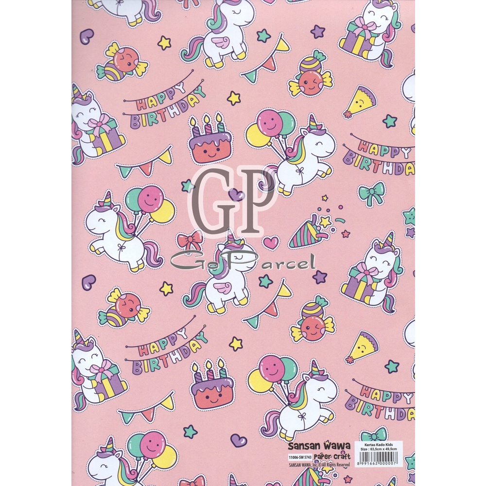 ( 5 Lembar ) UNICORN BIRTHDAY SANWA - KERTAS KADO - GIFT WRAP PAPER SANSAN WAWA FLAMINGGO BIRTHDAY GIRL / ULANG TAHUN KADO KUDA PONY CUTE ANIMAL BDAY