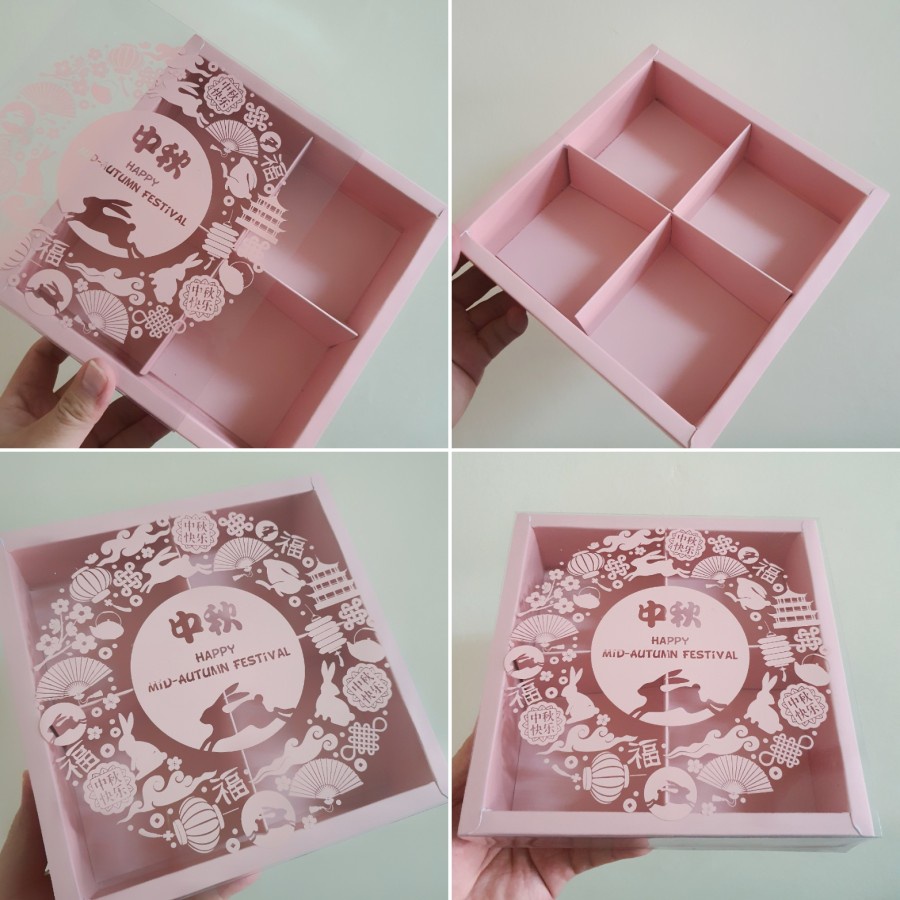 

5 pcs Kardus Mika Mooncake 100 Gram Box Kotak Kemasan Kue Bulan Hampers Packaging Sekat 4 Mid Autumn II Pink