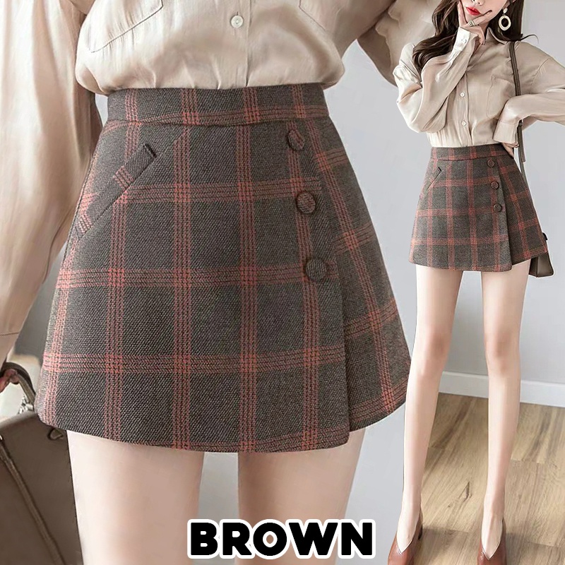 KARAKOREA 8300 Solar Korean Short Pants/Skort Skirt/Celana Pendek Wanita Gaya Korea Motif Kotak/Celana Korea Pants