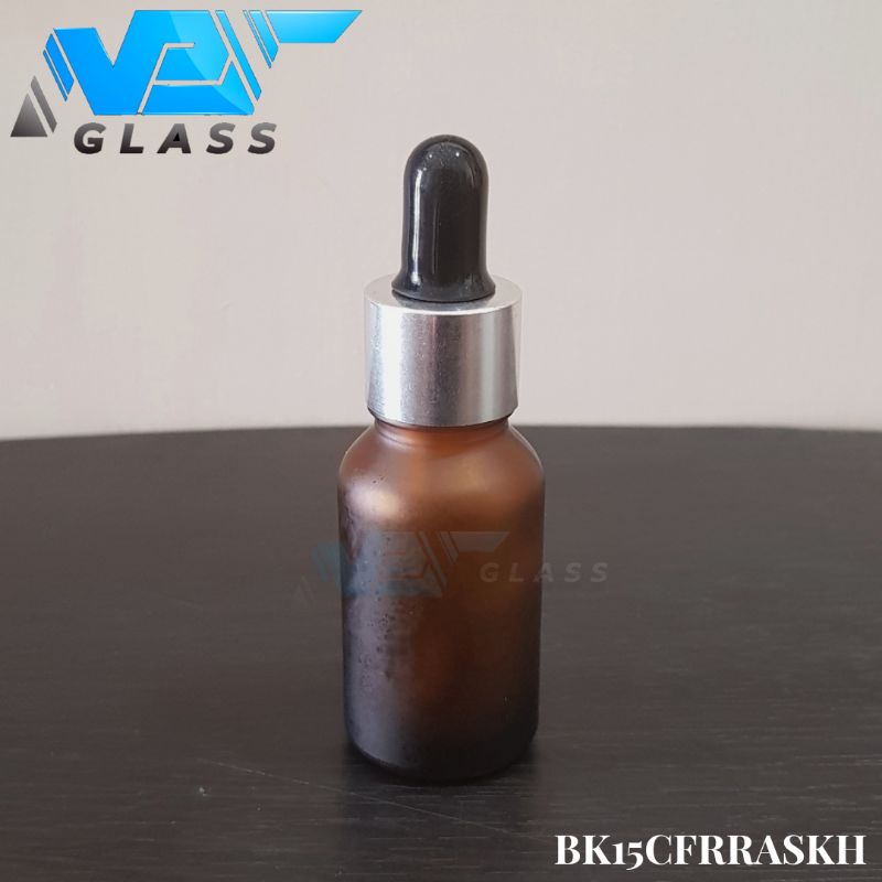 botol kaca pipet 15ml coklat amber doff / frosted - ring almunium silver