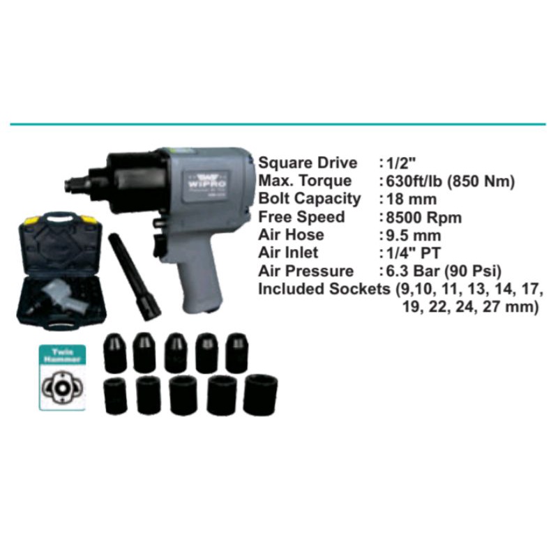 Air impact wrench wipro 1/2 kit set twin hammer AIW1218A