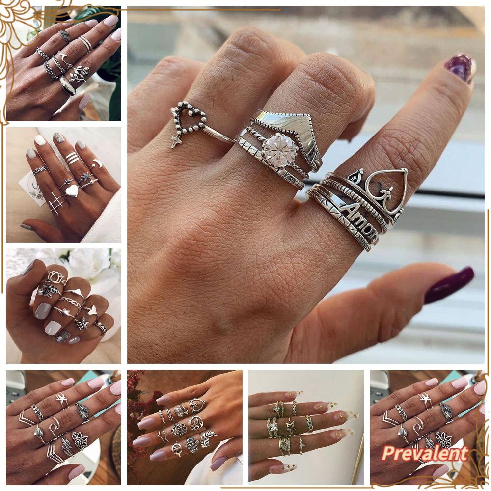 15pcs / Set Cincin Batu Permata Gaya Vintage Rock Boho Gothic Untuk Aksesoris Tangan