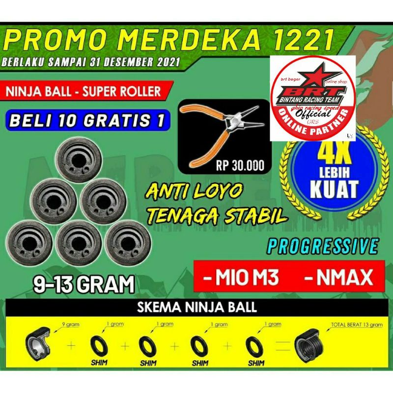 ROLLER NINJA BALL AEROX  NMAX MIO M3 AEROX LEXY ROLLER RACING BRT/ ROLLER NINJA BALL XEON KARBU/ ROLLER NINJA BALL FINO 125/ ROLLER NINJA BALL X RIDE 125 / ROLLER SOUL GT 125/ ROLLER NINJA BALL FREE GO/ FAZZIO ROLER BRT NINJA BALL LEXI