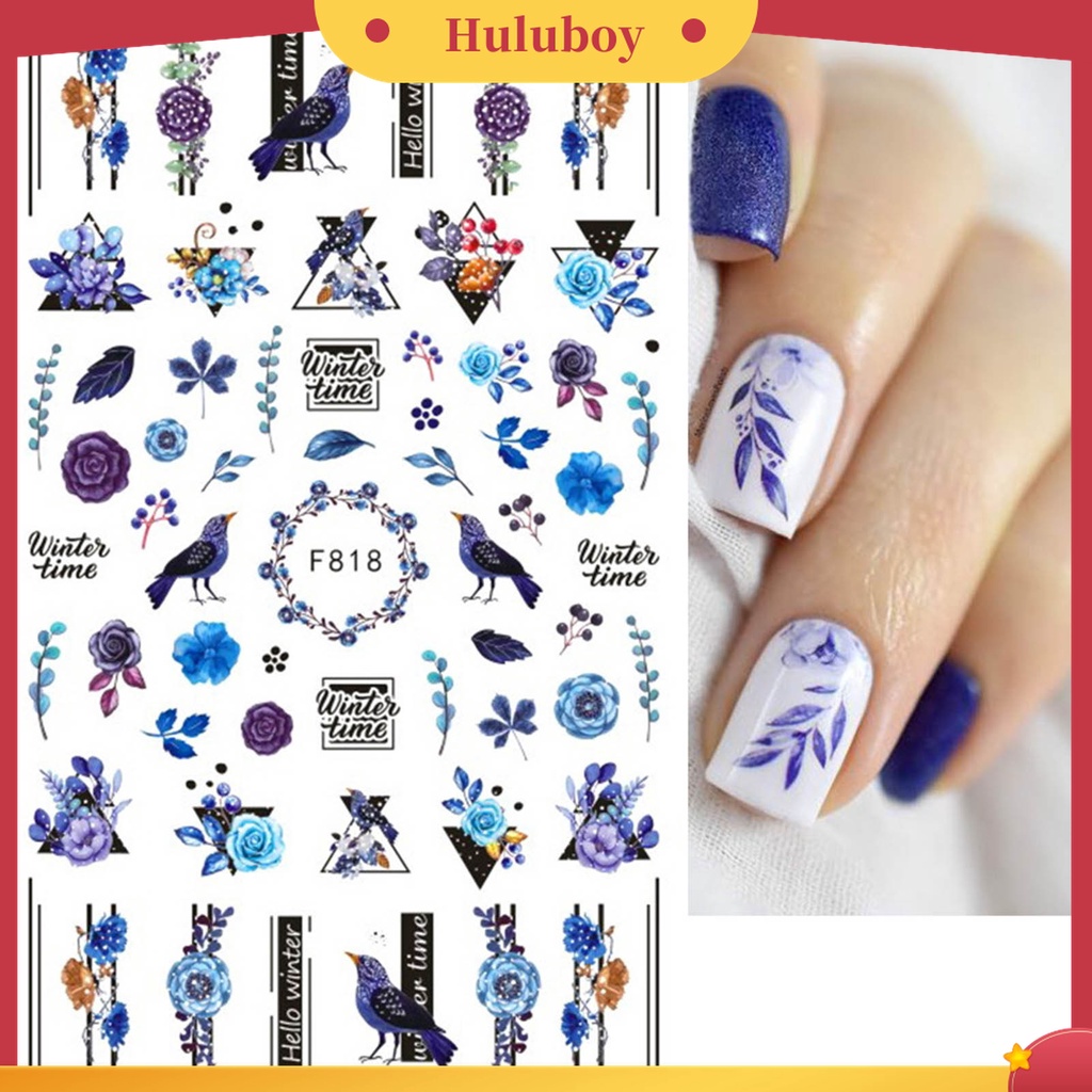 Huluboy Huluboy♡ Stiker Kuku Efek Glitter 3D Ultra Tipis Motif Daun Geometri Untuk Dekorasi Manicure