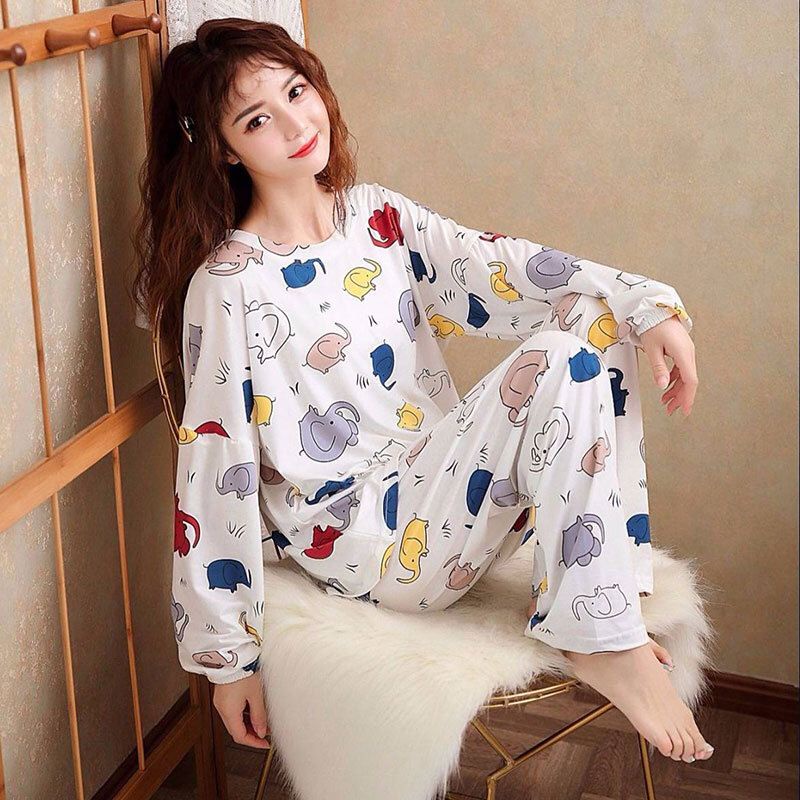 Blackpink Baju Tidur Set Baju + Celana Setelan Piyama Wanita Lengan Panjang Motif Kartun 4018