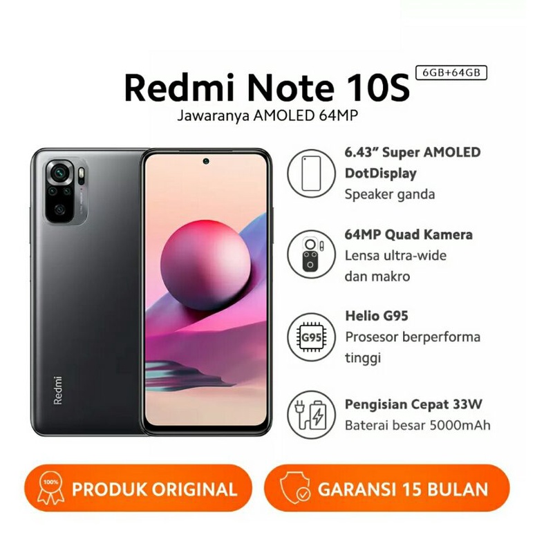 XIAOMI Redmi Note 10S (6GB+64GB) MediaTek Helio G95 64MP Quad Kamera Layar 6.43” Super AMOLED 5000mA