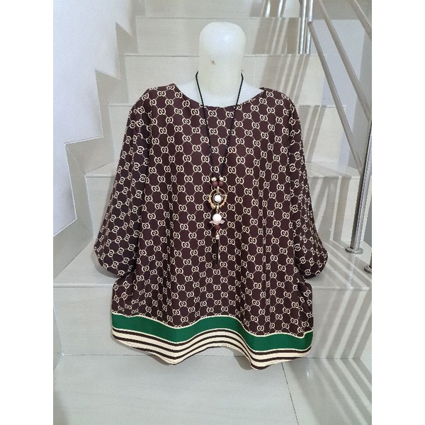 Blouse Scuba Premium Import Jumbo 2XL-3XL-Motif i - Coklat