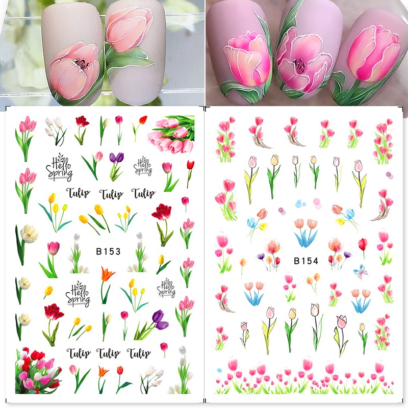 1 Lembar Stiker Kuku 3D Desain Bunga Tulip Warna-Warni Untuk Dekorasi Nail Art