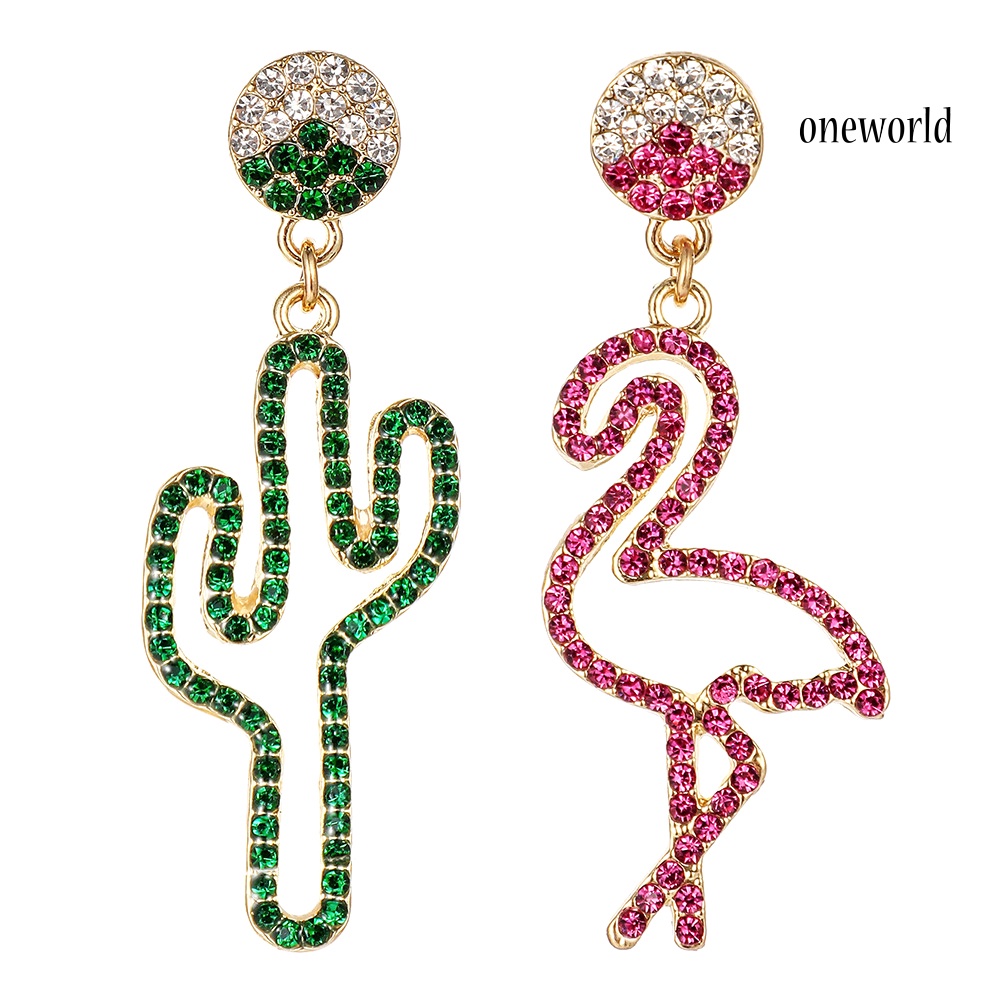 OW# Women Hollow Rhinestone Cactus Flamingo Dangle Asymmetric Stud Earrings Jewelry