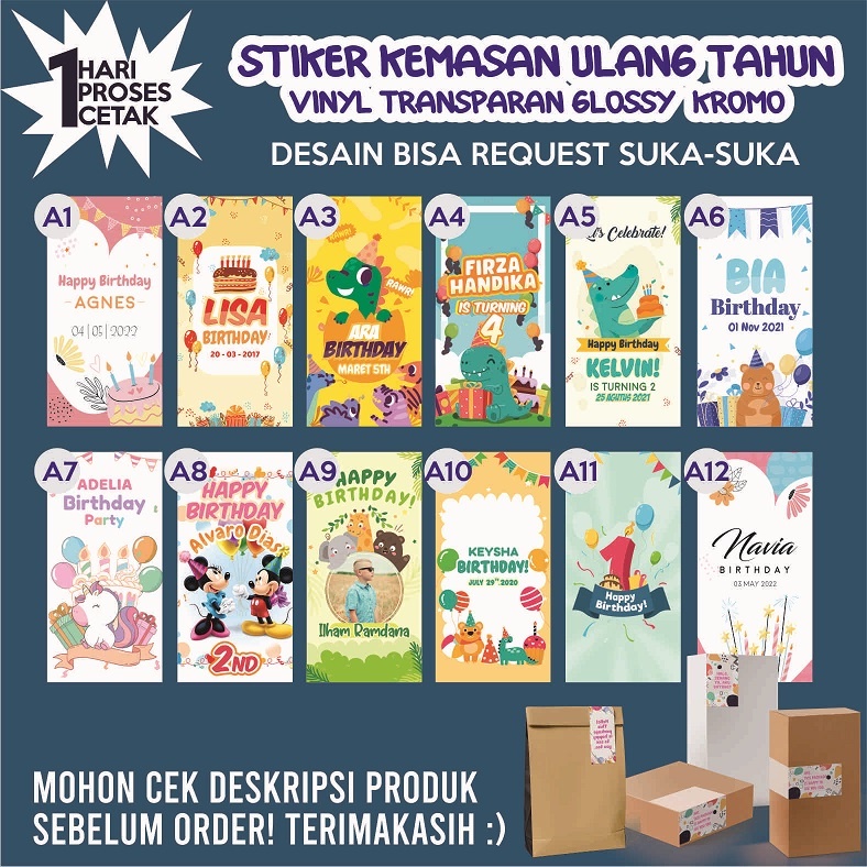 STIKER ULANG TAHUN KEMASAN MAKANAN / MINUMAN REQUEST DESAIN TRANSPARAN ANTI AIR VINYL KROMO