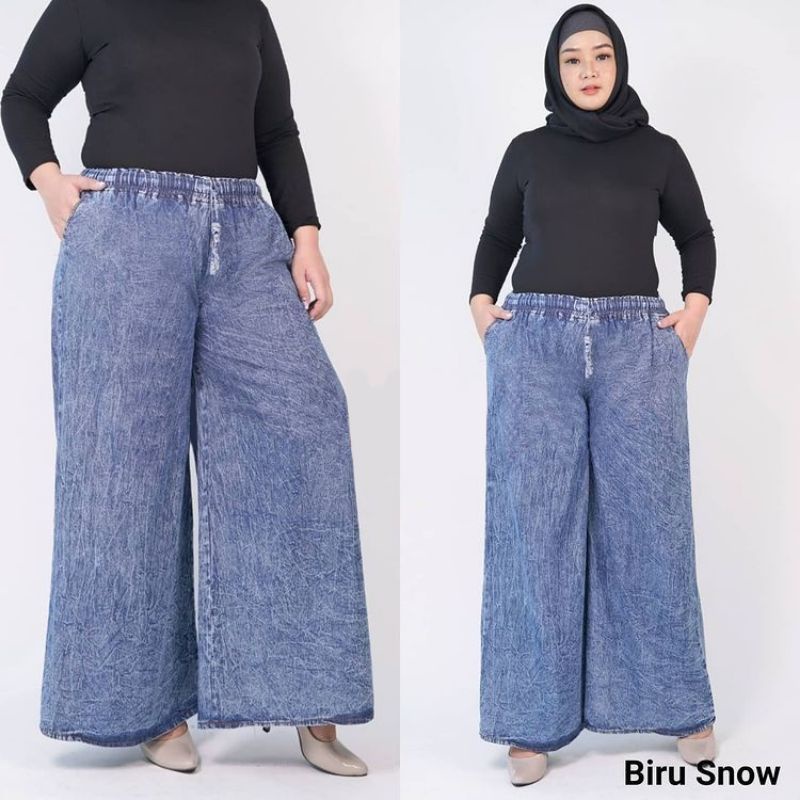 Celana Kulot Jeans Wanita - Kulot Jenas High Waist Baggy Pants Wanita Pinggang Karet Tali Depan
