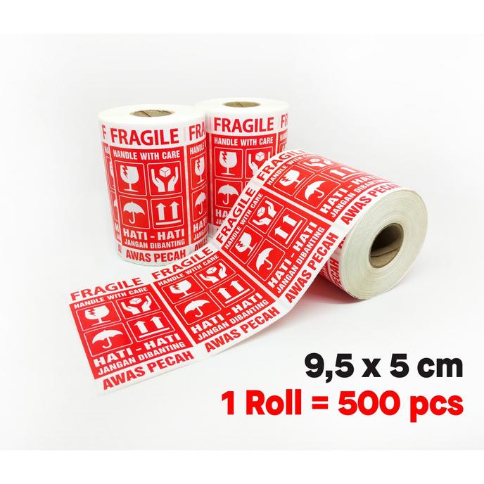 

Sticker Label Fragile Hati-Hati Awas Pecah 9,5x5 cm (1 roll/ 500 pcs) CUCI GUDANG