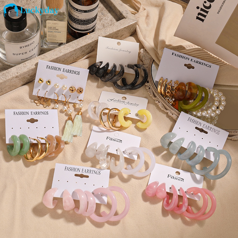 YEEZII 12Pcs/Set Fashion Retro Resin Earrings Set Korean Colorful Pearl Hoop Earrings Gold Stud Earring Butterfly Drop Earings for Women Accessories Jewelry Gift