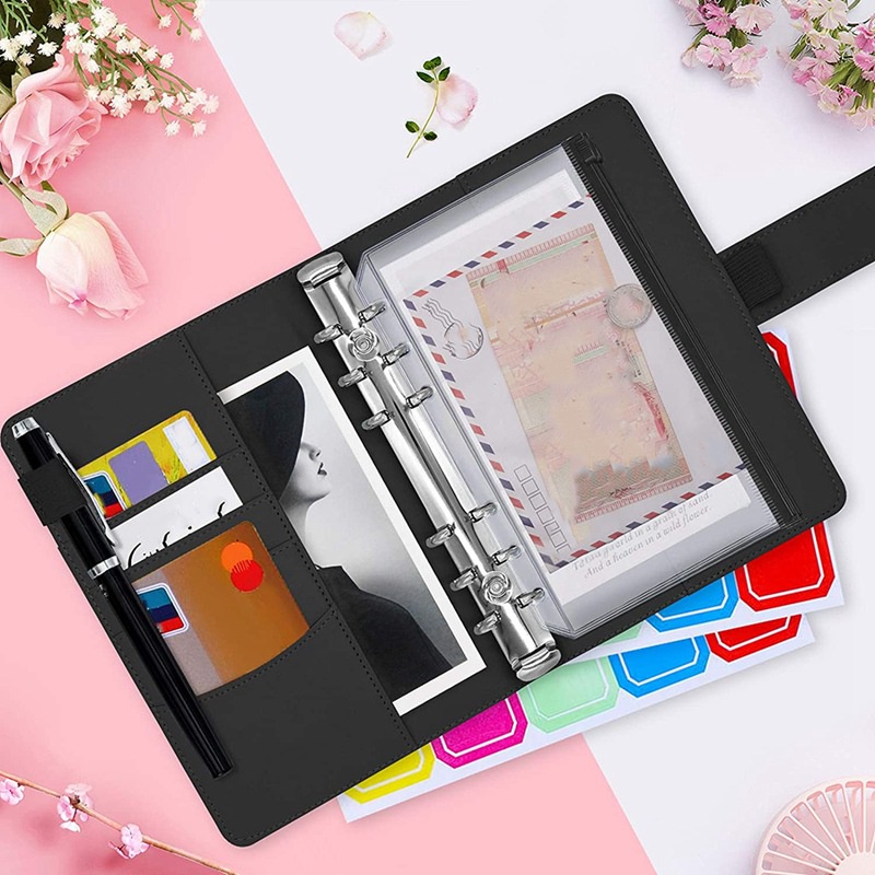 A6 PU Macaroon Loose-Leaf Binder Cover Buku Harian Buku Catatan Jurnal Perencana Penyimpanan Uang Tunai Amplop Tagihan dengan 10 pcs Folder Label Gratis