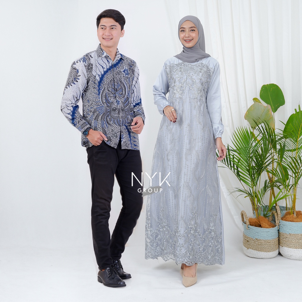 SPESIAL GAMIS COUPLE LEBARAN 2022 - BATIK COUPLE DRESS ALANA LENGAN PANJANG - BATIK COUPLE BRUKAT TULLE MODERN