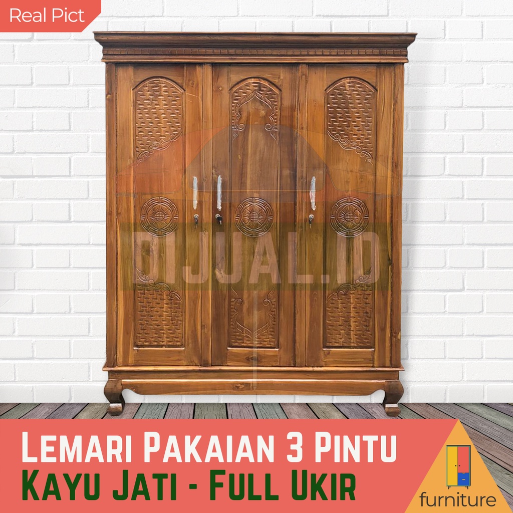 Lemari Pakaian Jati 3 Pintu - Lemari Kayu Jati - Lemari Pakaian - Lemari Jati 3 pintu Full Ukir