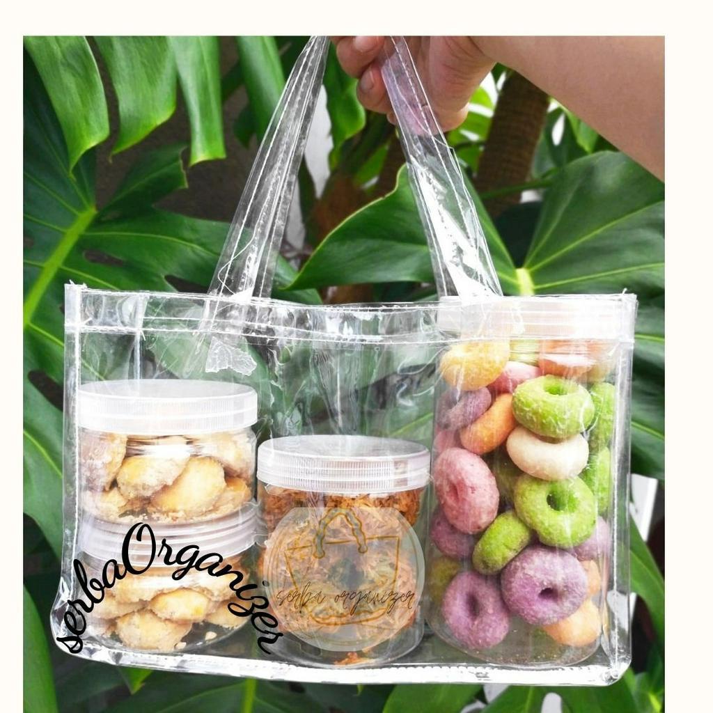 

tas mika transparan botol kue kering tas souvernir promosi tas goodybag tas kue kering 2 toples