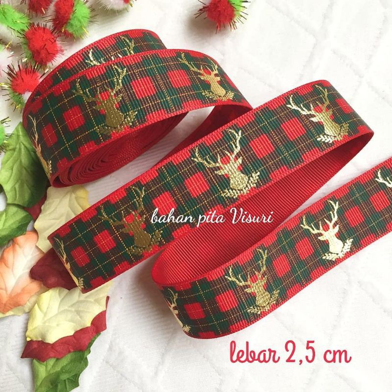 Pita Natal Motif Rusa Gold 2,5 cm per yard (90 cm)