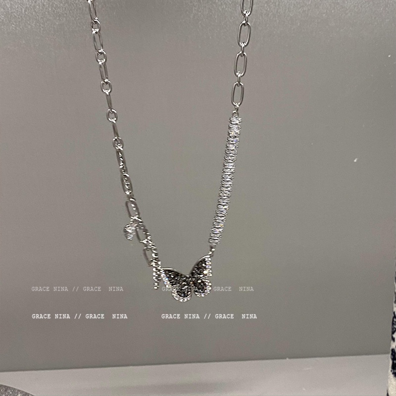 Kalung Rantai Klavikula Desain Kupu-Kupu Bahan Zirkon Warna Hitam Untuk Wanita