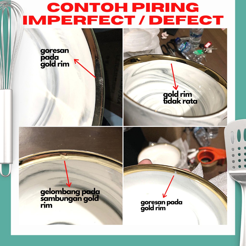 IMPERFECT Piring Mangkok Makan Keramik Ceramic Bowl Cantik Motif Marmer Marbel Marble Plate Gold Rim