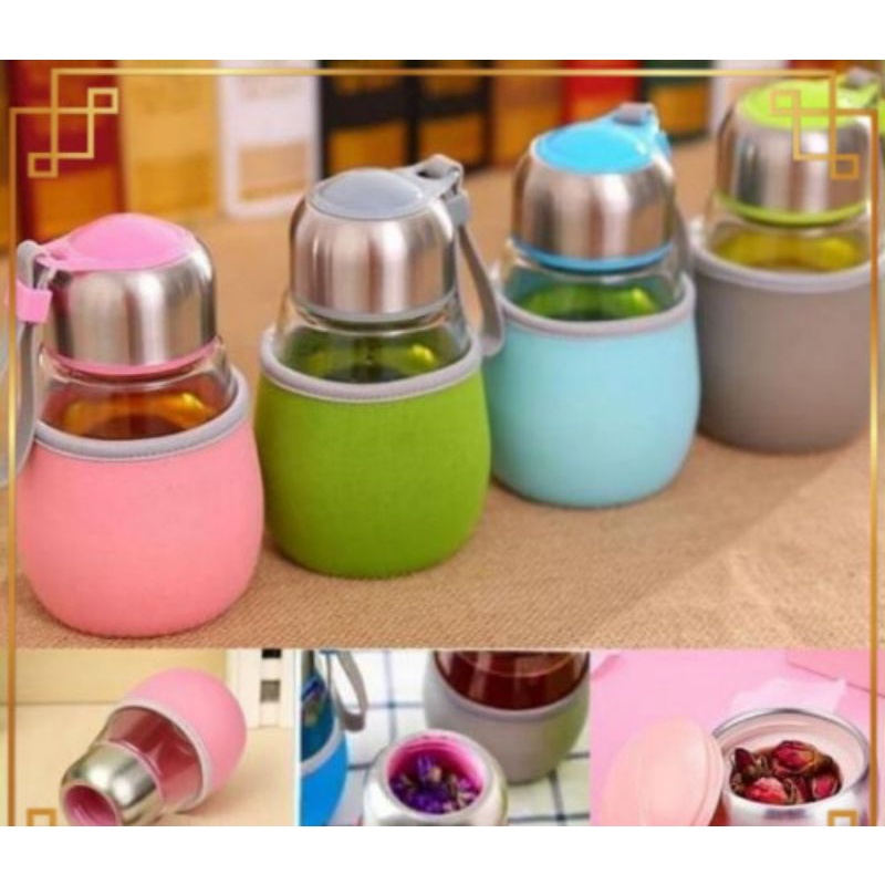 B79-6 Botol Minum Kaca Penguin + Tutup Toples Mini + Pouch Souvenir