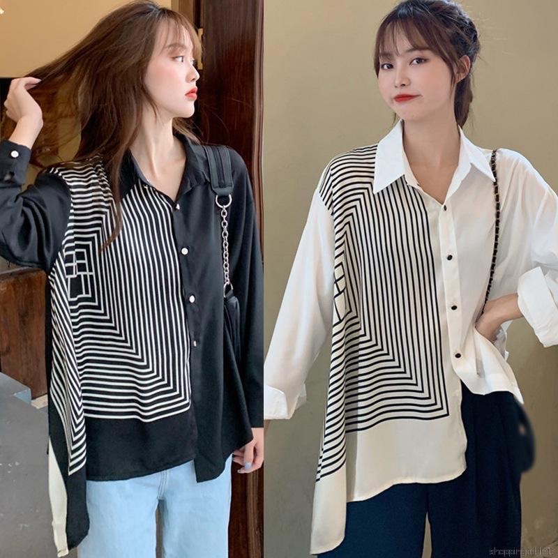 KEMEJA WANITA ASIMETRIS PRINT SATIN PREMIUM GARIS SALUR OVERSIZED XL