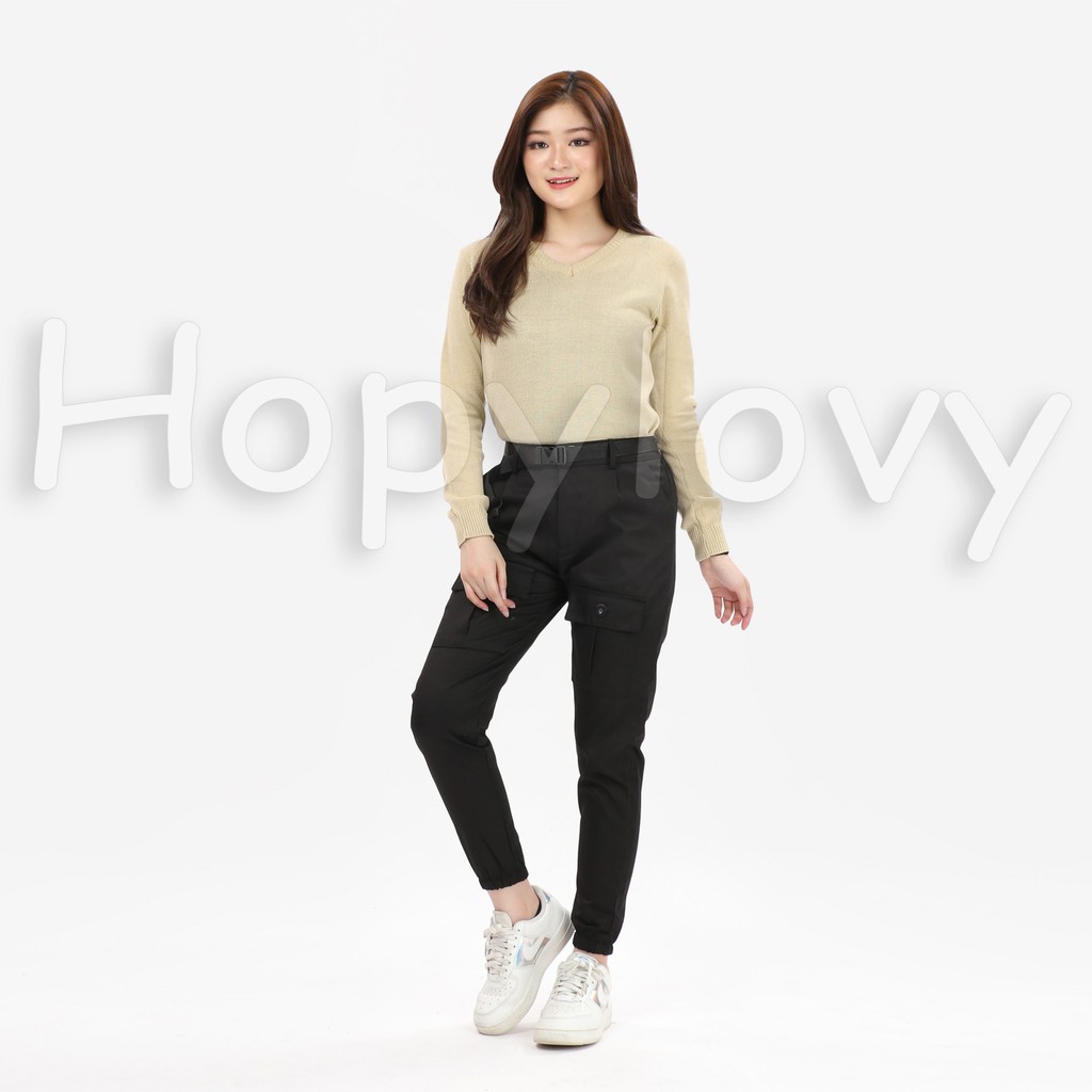 HOPYLOVY Celana Cargo Jogger Wanita Kantong Kancing Depan Esha | Celana Kargo Wanita