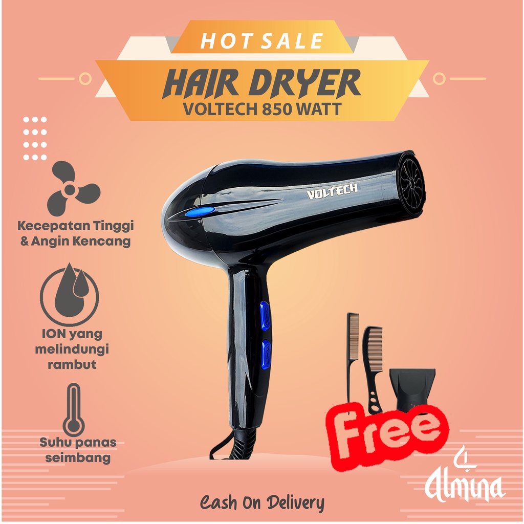 VOLTECH Hair Dryer 850 W / 750 W Pengering Rambut HairDryer Ionik Almina