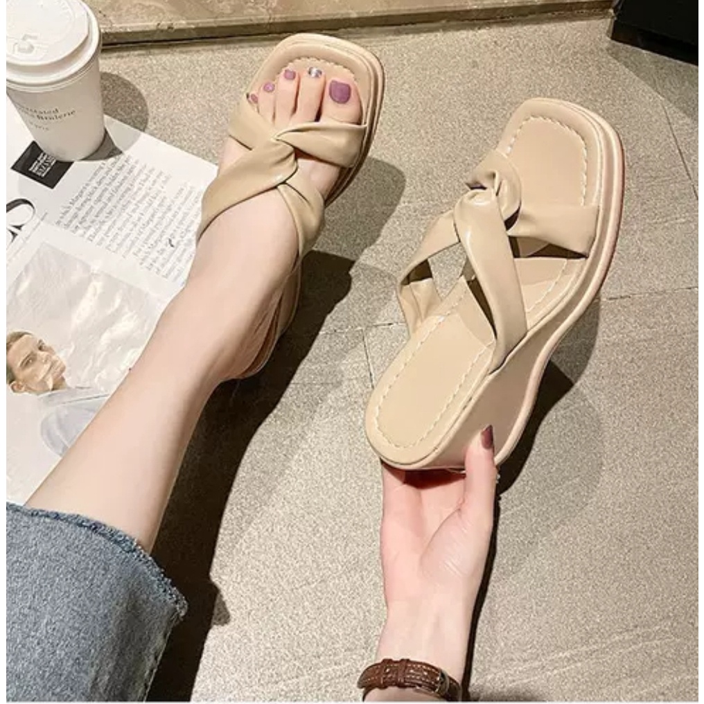 AGI2231 Wedges Wanita Fashion Import Knot Slip On Ready Jakarta Bisa COD (With Box)