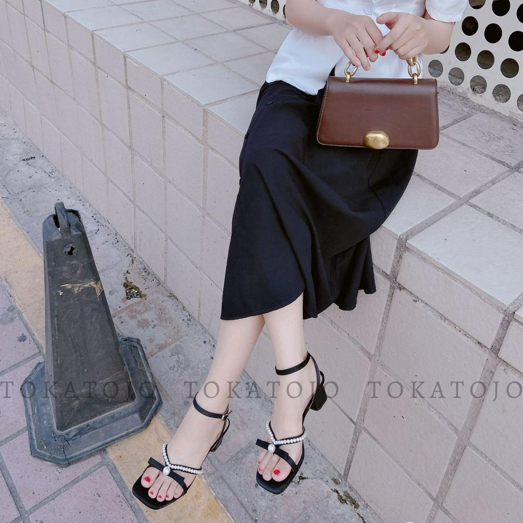 Sandal Hak tahu 5 cm aksesoris mutiara temali cantik dan elegan Sandal Heels kekinian terbaru