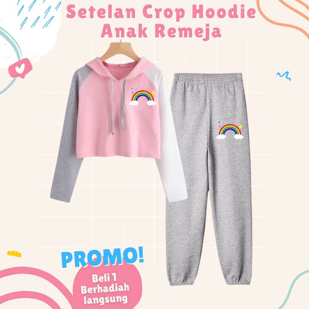 JBF Baju Setelan Remaja Korea / Baju Set Cewek Crop Hoodie Kombinasi Dan Panjang Jogger Rainbow