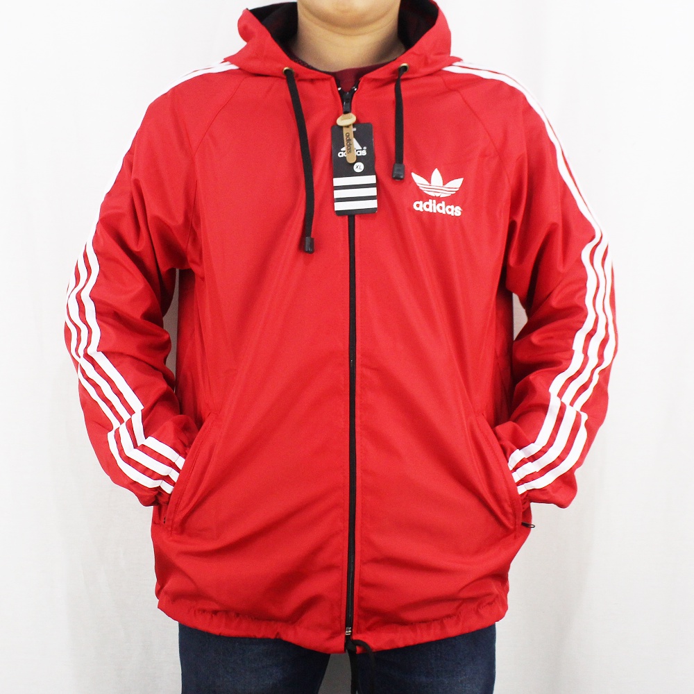 JAKET PARASUT JUMBO ADIDAS WINDBREAKER MERAH LIST PUTIH - JAKET OLAH RAGA PRIA -JAKET JUMBO XL XXL - JAKET TRAINING - JAKET LARI