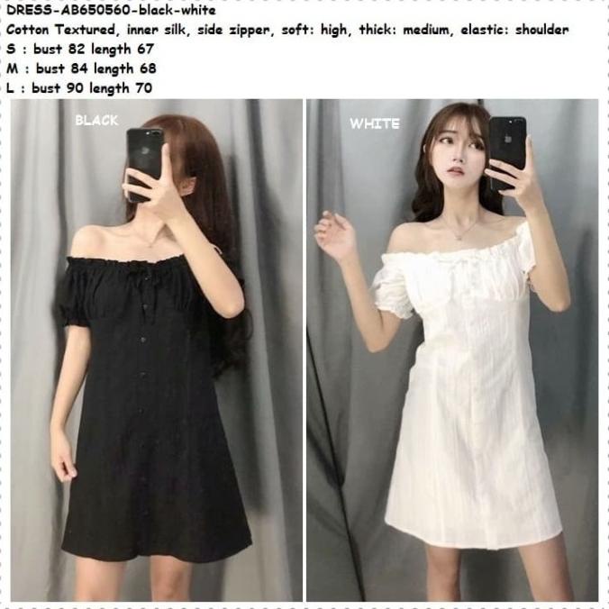 DRESS MINI AB650560 MINI DRESS SABRINA PUTIH HITAM WANITA KOREA IMPORT DRESS WANITA