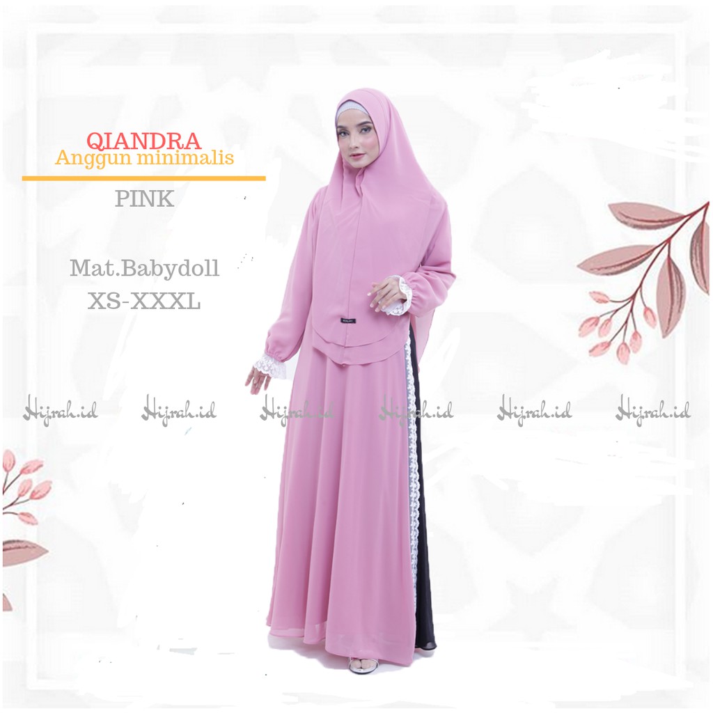 Hijrah Gamis Syari Pesta Qiandra Babydoll Polos Pink Kombinasi Renda Tule Khimar Pet Antem