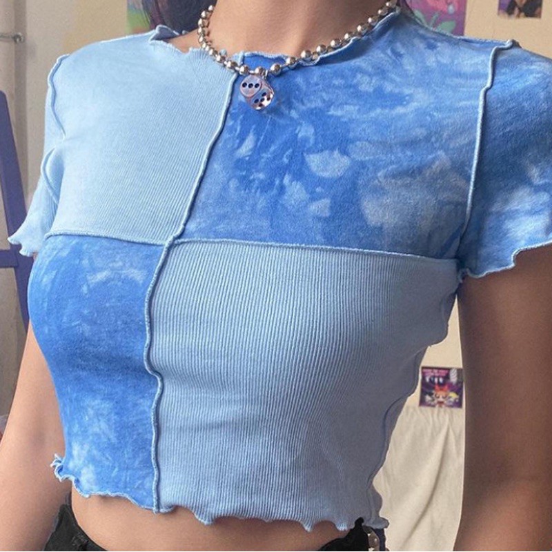 BELLE TOP // crop top korea patchwork lengan pendek kaos