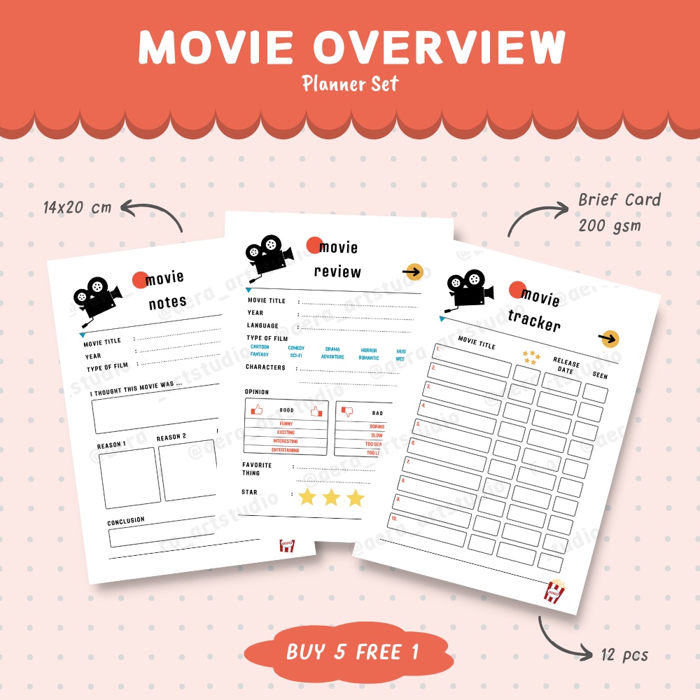 

(12 pcs) Movie Overview : Planner Set - by Aera Art Studio | Movie Tracker - Review - Notes - Basic Memo - Paper Planner - Memo Paper - Agenda - Checklist - Wishlist