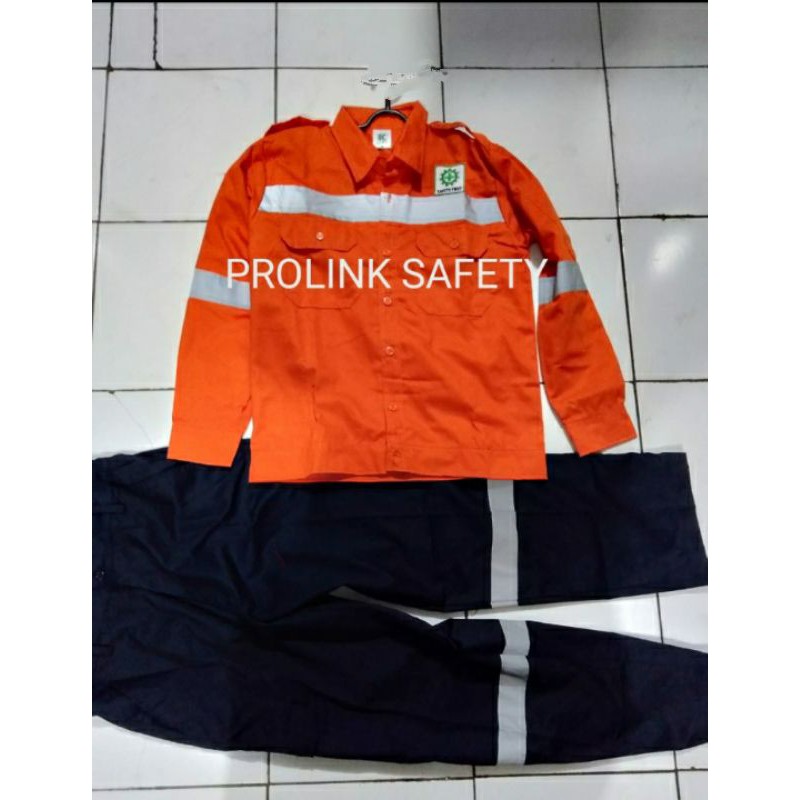 SETELAN BAJU SAFETY FREE LOGO K3 BENDERA KANCING ORANYE DONGKER KAIN DRILL